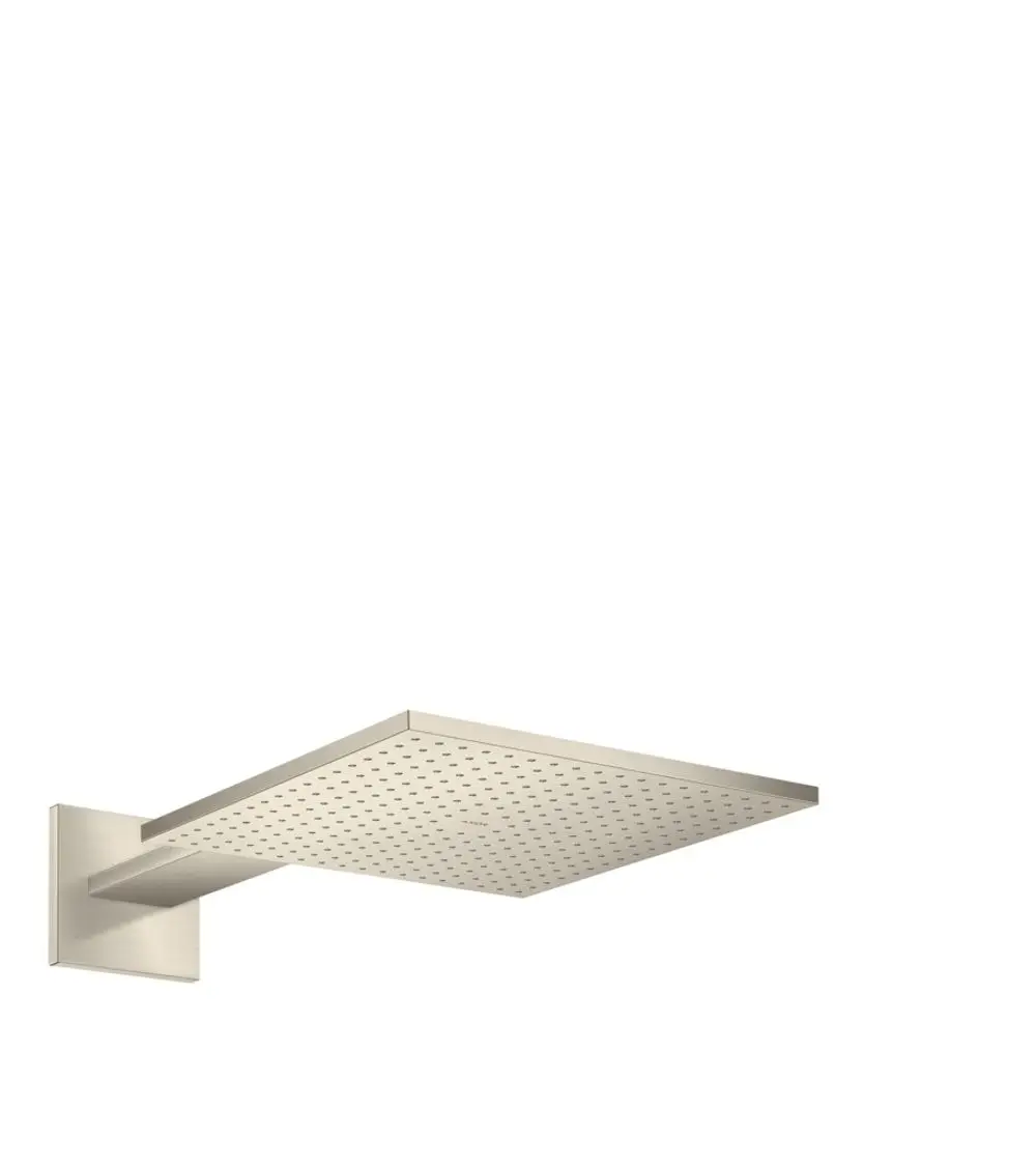Kopfbrause in Brushed Nickel mit quadratischer Form und feinen Düsen, montiert an einem schlichten Brausearm von AXOR. Minimalistisches Design für Badezimmer.